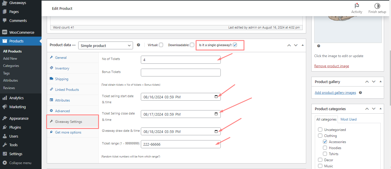 giveways settings for foure products