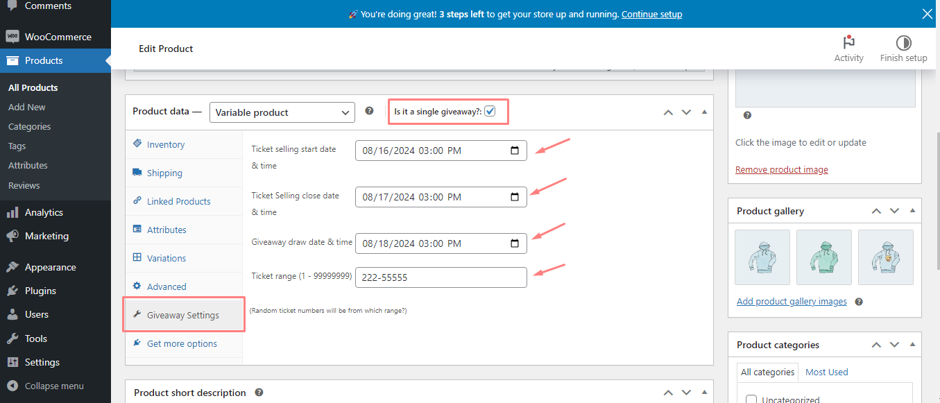 variable product settings